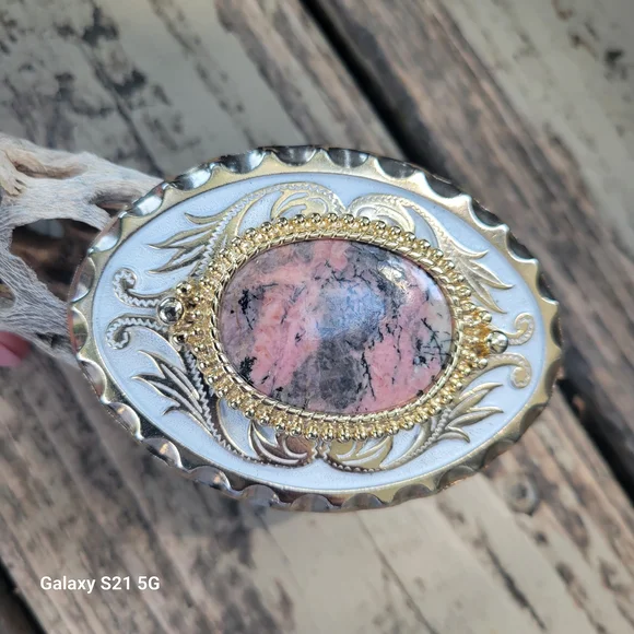 Western Themed Belt Buckle With Oval Rhodonite Stone In The Center - Picture 2 of 8